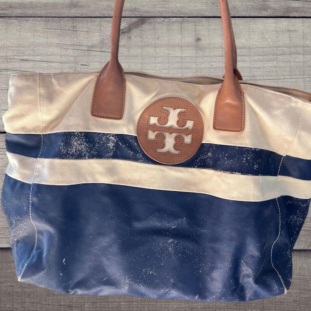 Tory Burch Large Canvas Color Block Navy Tote Beach pool Bag Purse